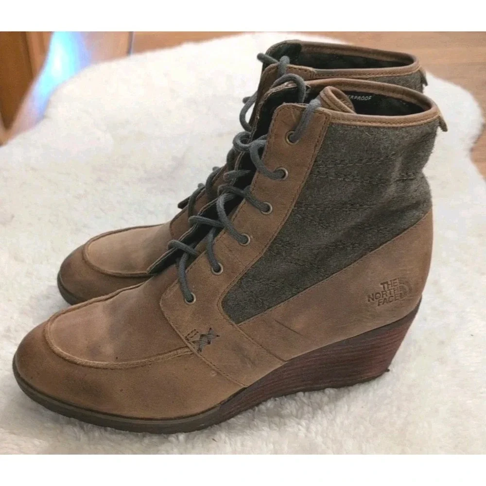 The North Face Bridgeton Wedge Boots Brown Leather Gray Fabric Women's Sz 9M GUC